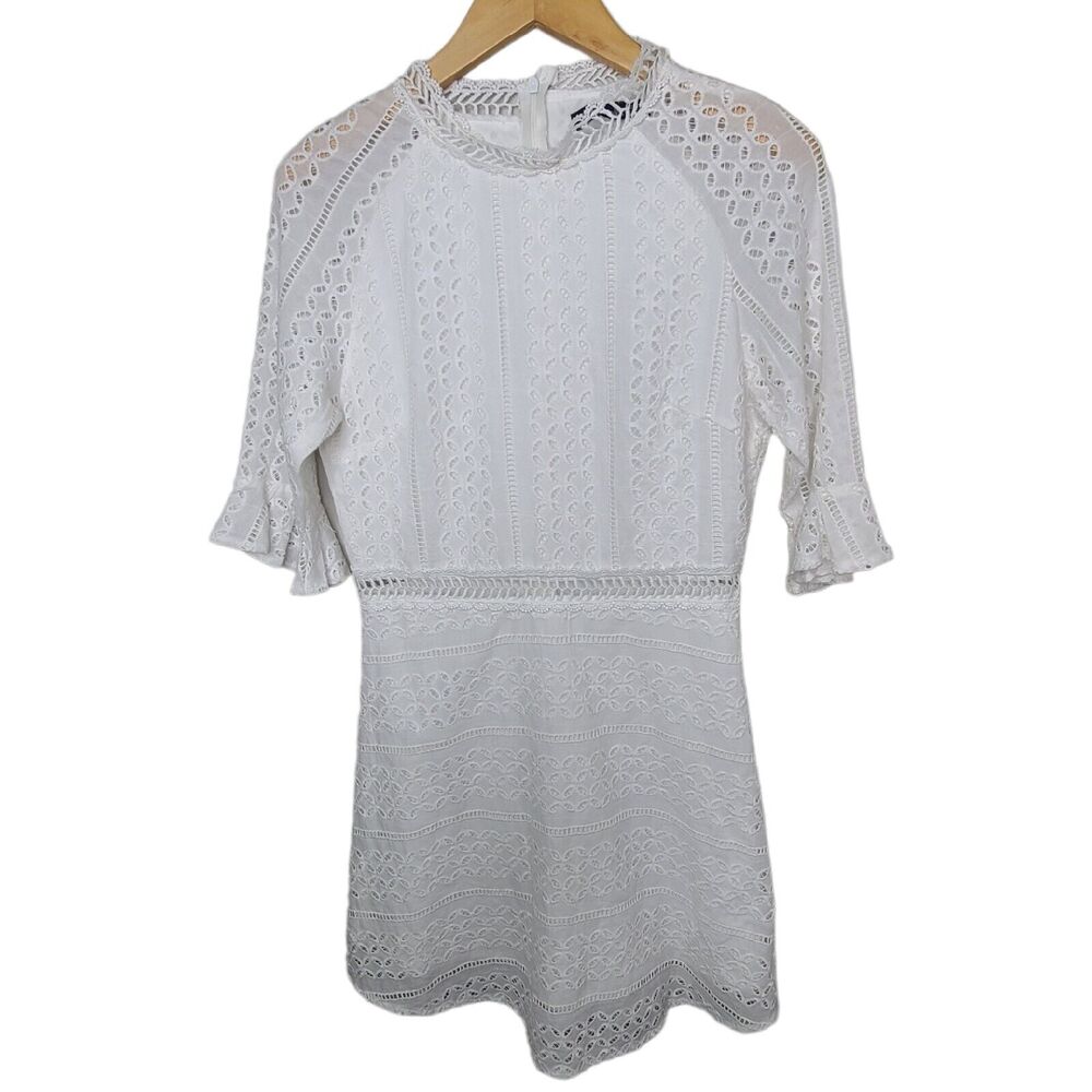 Simplee Women's SZ Small White Eyelet Lace Mini Dress 100% Cotton Short Sleeve